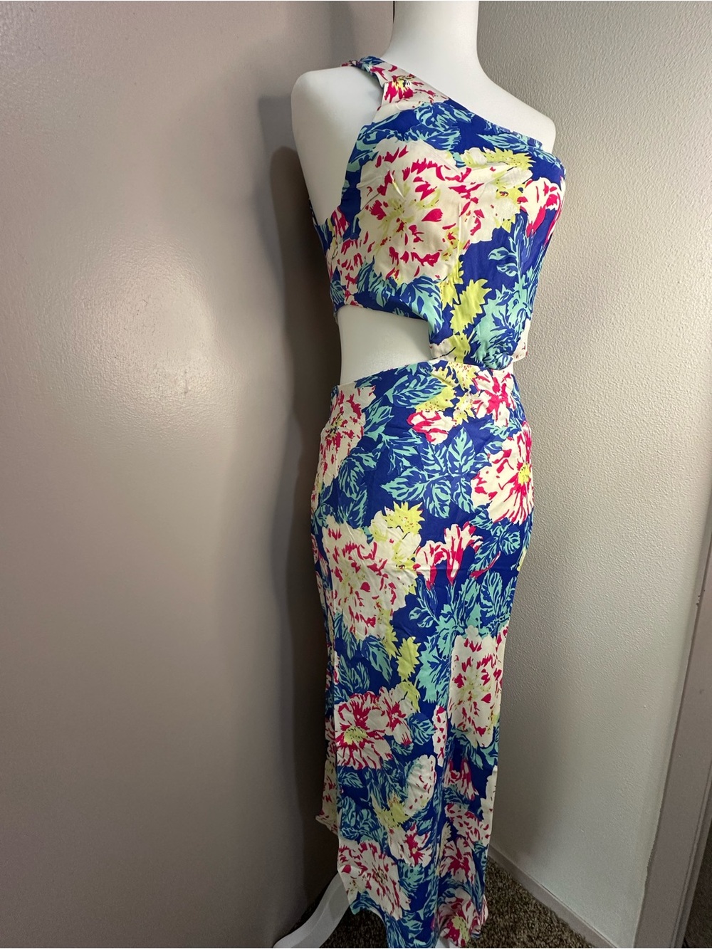 Forever 21 Blue Floral One-Shoulder Cutout Maxi Skirt